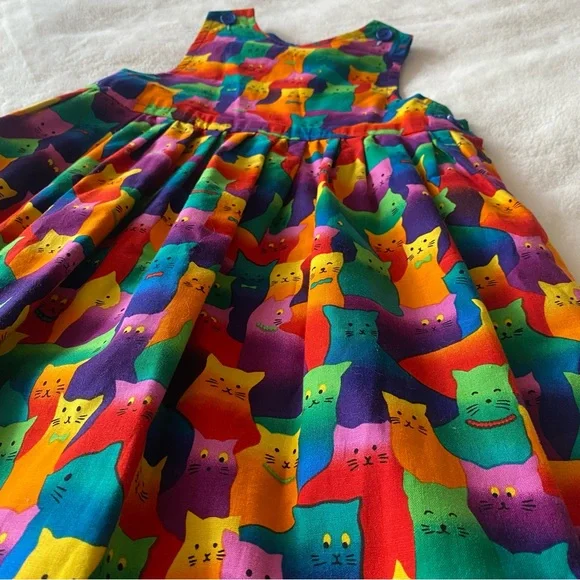 Vintage 90s handmade 100% cotton colorful rainbow cat print girl’s dress jumper - Picture 4 of 15
